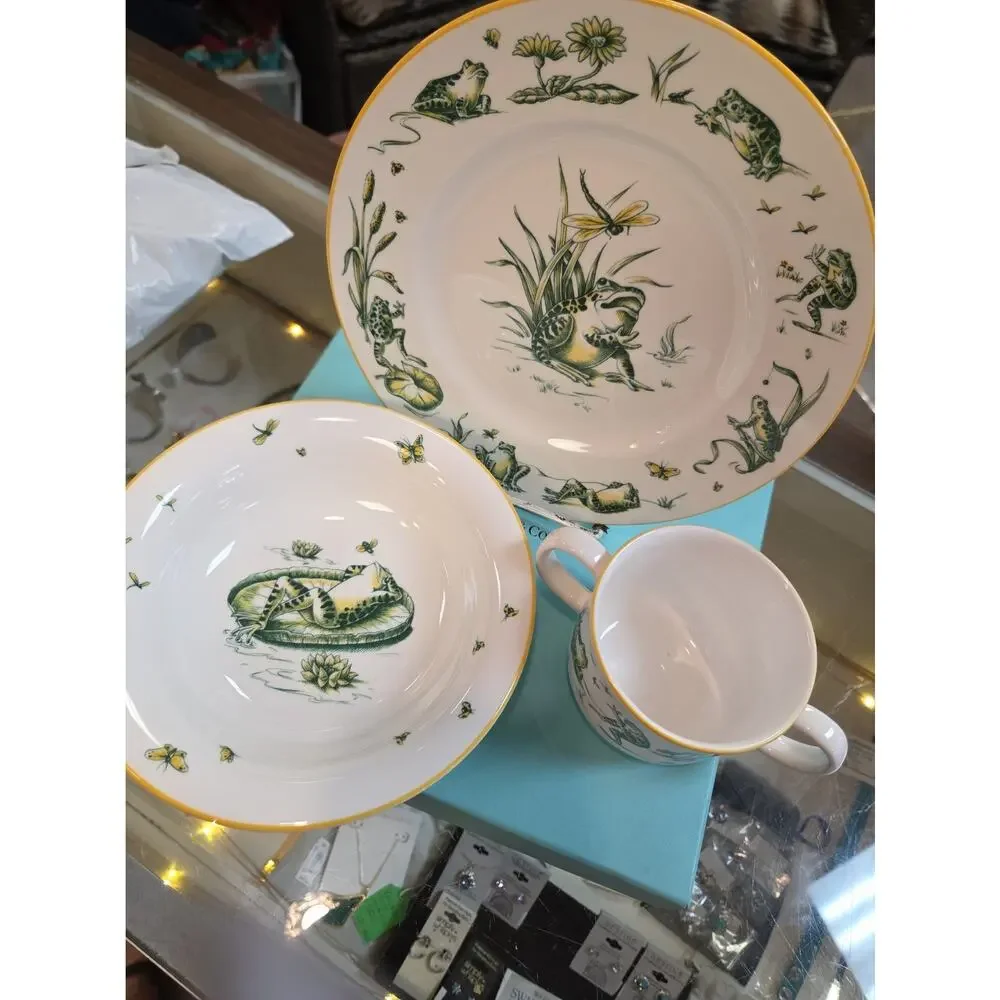 Tiffany & Co. Pond 2004 Frog Bone China Plate Saucer Bowl Cup Mug Full 3pc Set